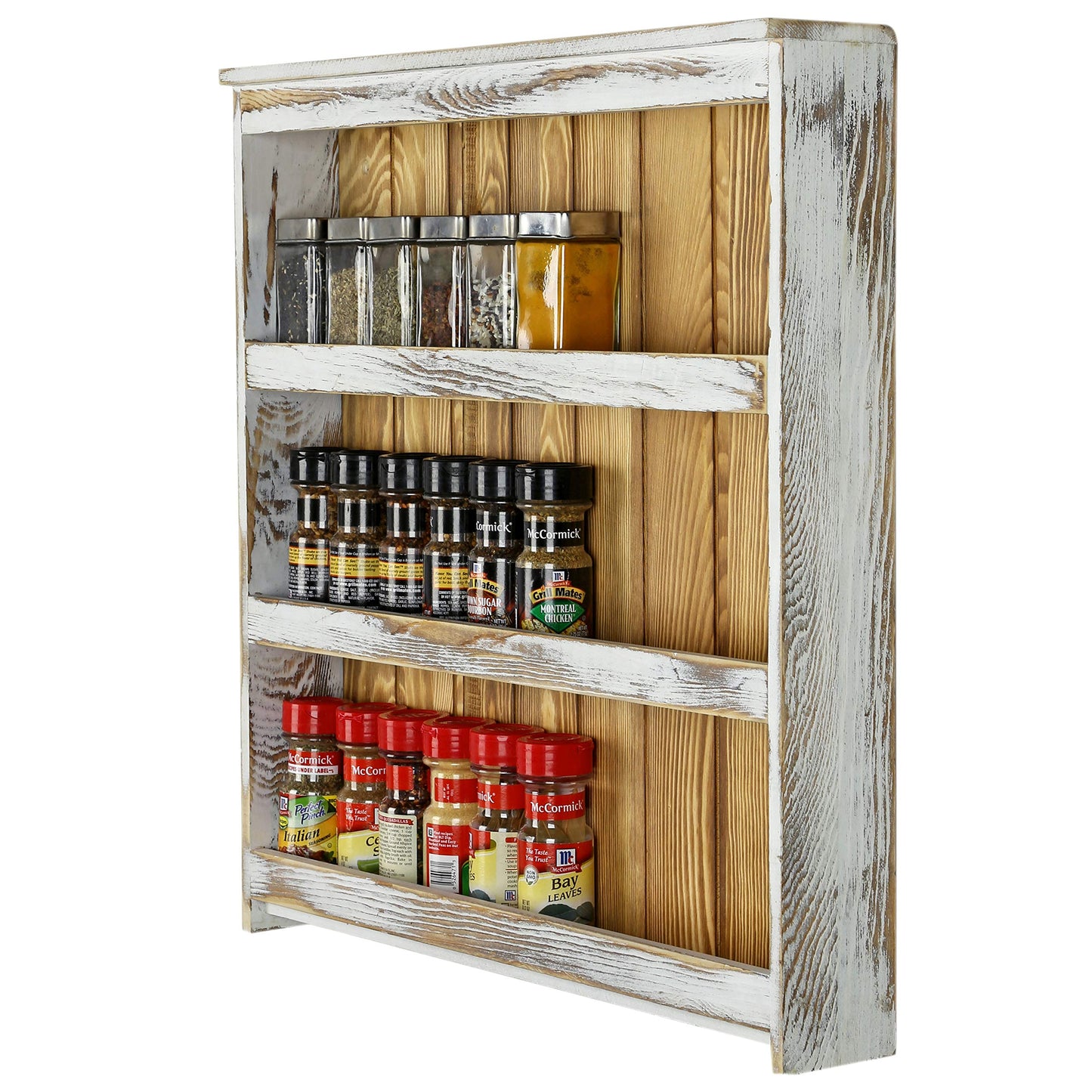 MyGift 3 Tier Spice Rack Wall Mount, Hanging Kitchen Pantry Storage Shelf for Seasoning Jars or Condiment Bottles, Shabby White Washed and Rustic Natural Burnt Solid Wood