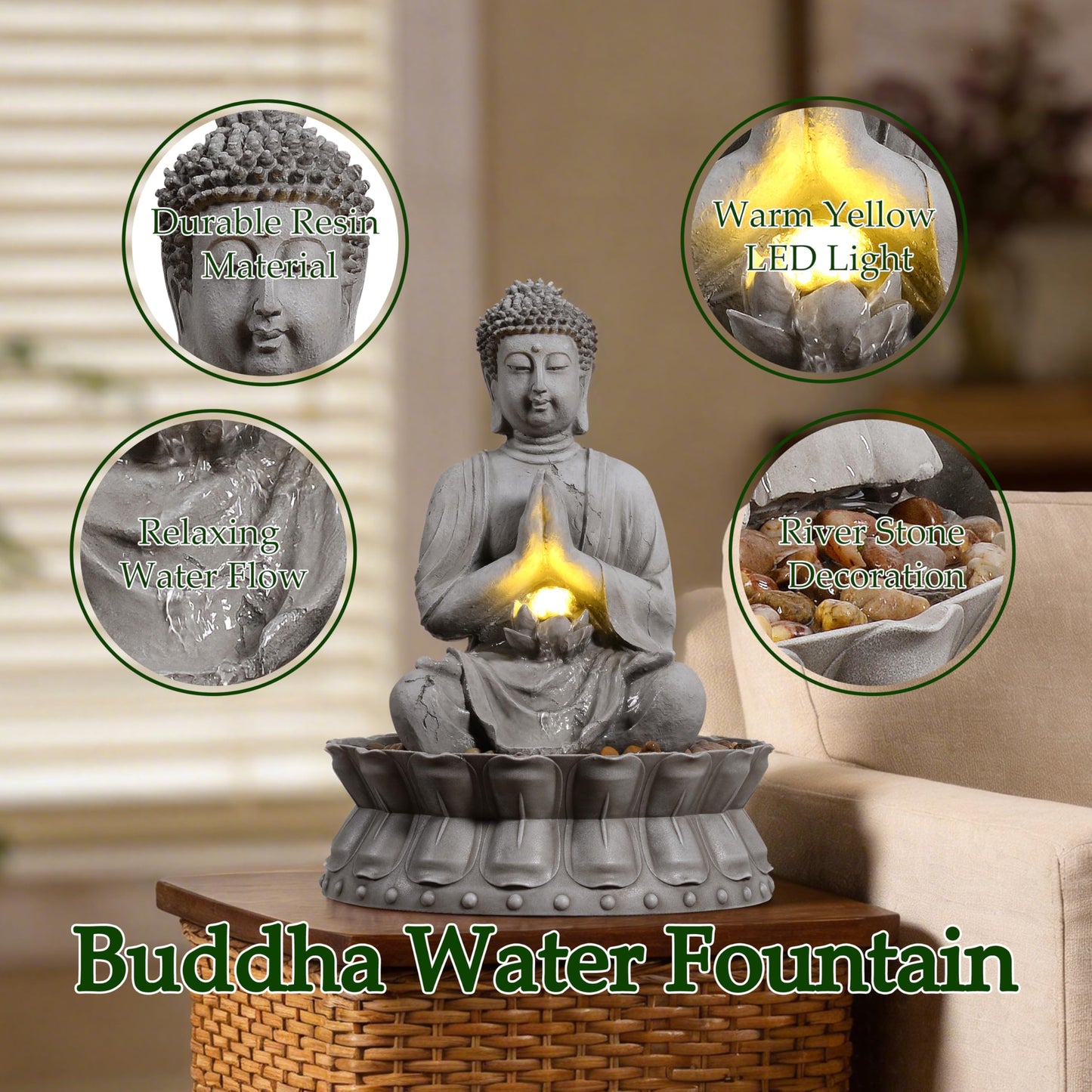 Tolevoit Outdoor Water Fountains Seated Buddha Lotus Help Meditation, Relaxation, and Tranquility with Warm LED Lights Fit Yard, Garden, Lawn
