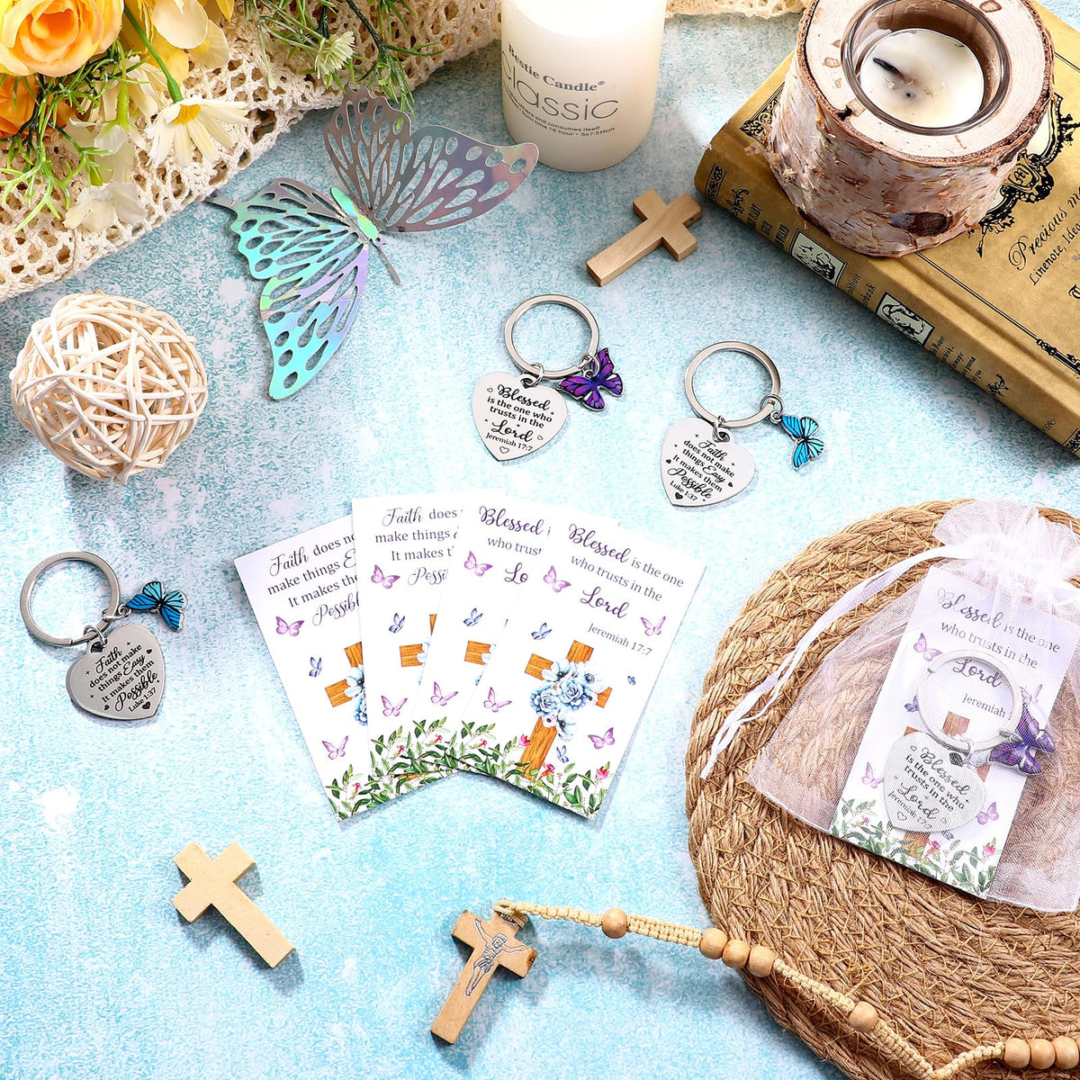 WZSTNBLA 20 Sets Inspirational Religious Gifts Christian Butterfly Keychain Motivational Encouragement Thank You Cards and Organza Bags Employee Appreciation Gift for Female Friends Staff Coworkers