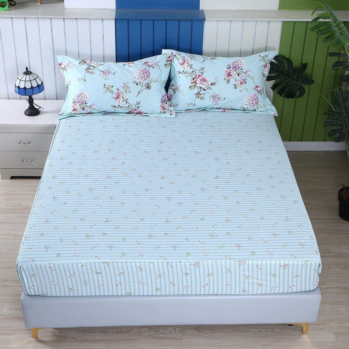 FADFAY Premium 100% Cotton Floral Sheet Set Queen – French Country Rose & Hydrangea Botanical Bedding, Ultra Soft Breathable Vintage Garden Bed Sheets, Deep Pocket Fitted Sheet, 4-Piece