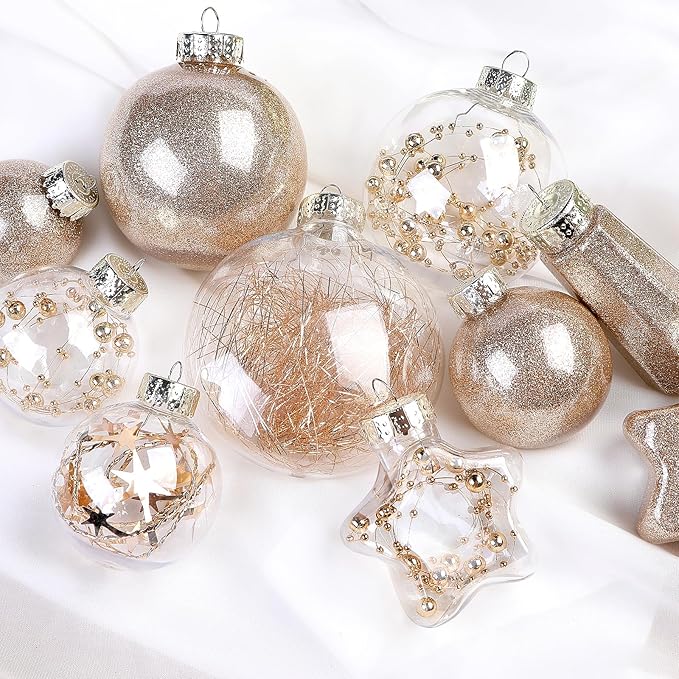 SHareconn 86PCS Christmas Tree Ornaments Clear Set,Shatterproof and Clear Plastic Baubles for Xmas Tree Decor, Holiday Wedding Party Decoration,Champagne