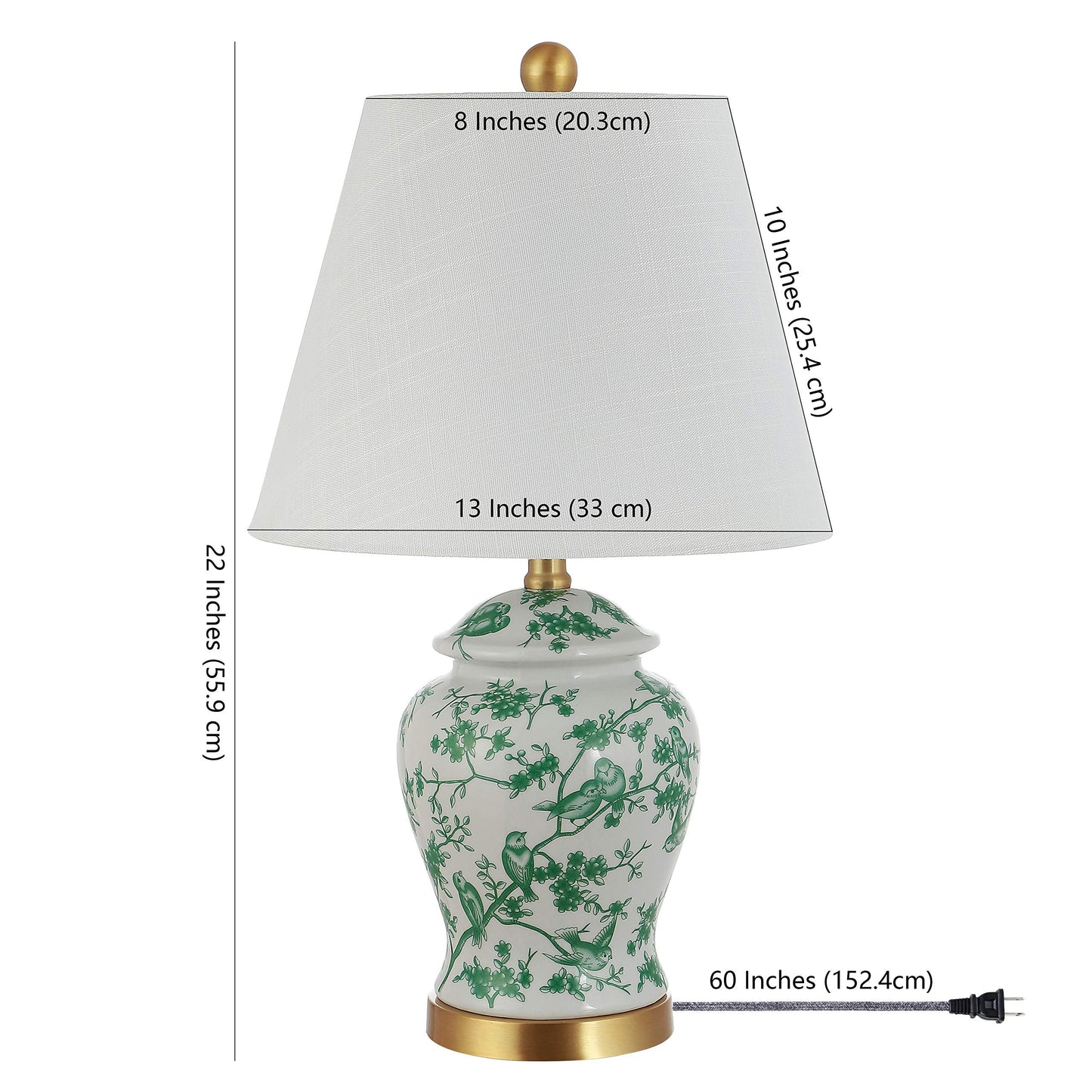 JONATHAN Y 22" White/Green Ceramic Table Lamp, French Country Chinoiserie Ginger Jar LED Bedside Lamp for Living Room Bedroom, White Linen Shade (JYL3005B)