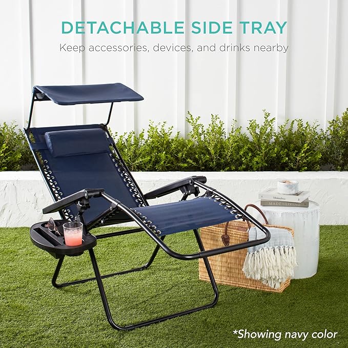 Best Choice Products Folding Zero Gravity Outdoor Recliner Patio Lounge Chair w/Adjustable Canopy Shade, Headrest, Side Accessory Tray, Textilene Mesh - Burgundy