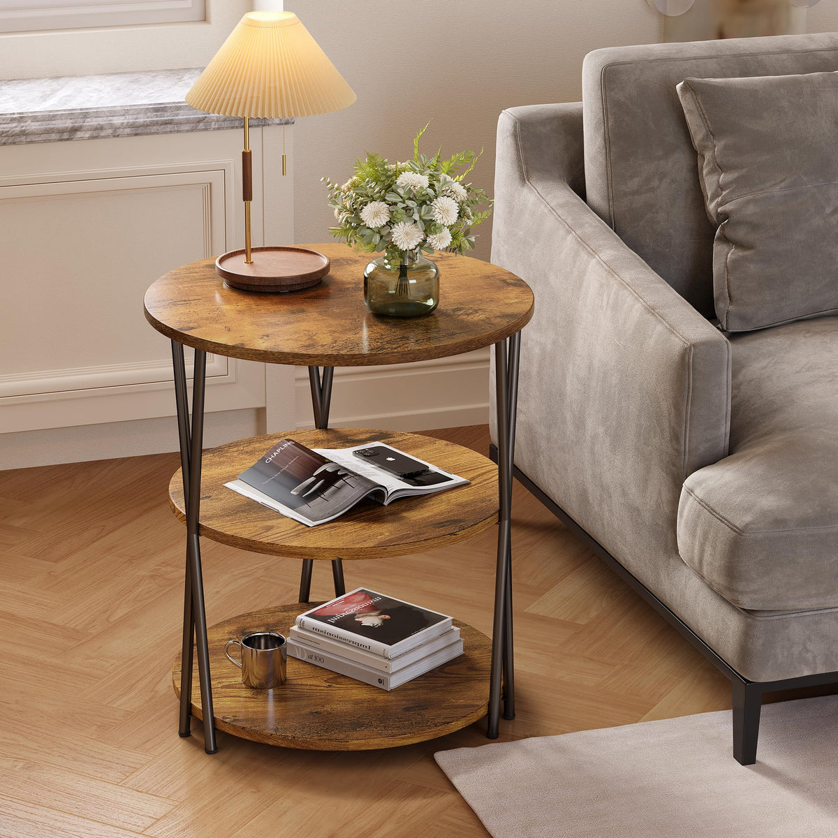 Lumbershed 23 Inch Round Side Table 3-Tier End Table Living Room Small Patio Table Nightstands Round Coffee Table Spacious Top for Couch Bedroom 3 Storage Shelves Accent Coffee Table, Rustic Brown