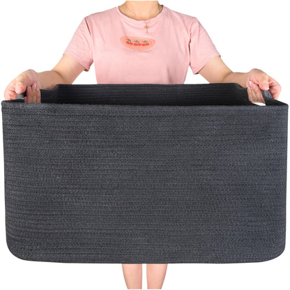 MINTWOOD Design 22in Extra Large Blanket Basket Holder Living Room, Rectangle Rope Woven Storage Basket with Handles for Laundry, Pool Towels, and Shoes, Dog Toy Organizer Bin Box, Charcoal