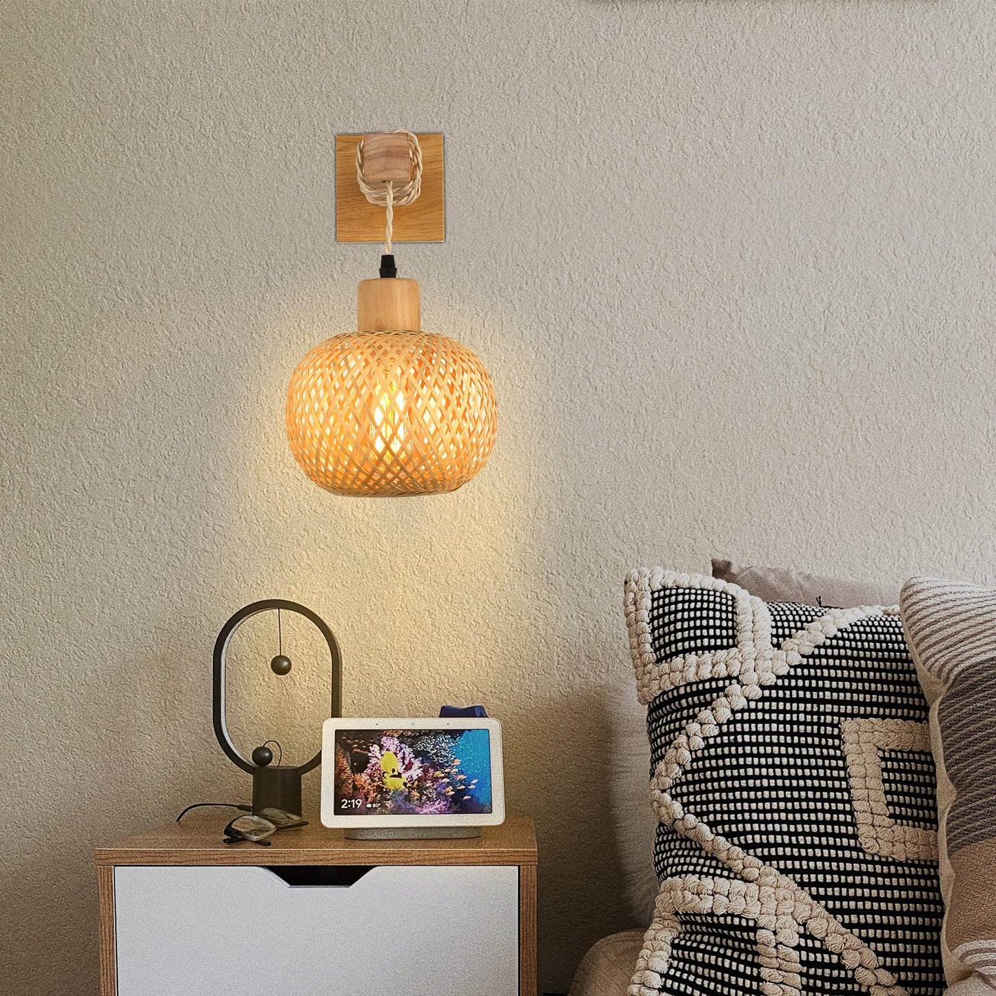 Frideko Bamboo Wall Sconce Lighting - Rattan Wall Lamps for Bedroom, Farmhouse Wall Light with Bamboo Lampshade, Rustic Boho Sconces Light Fixture for Living Room, 1 Pack