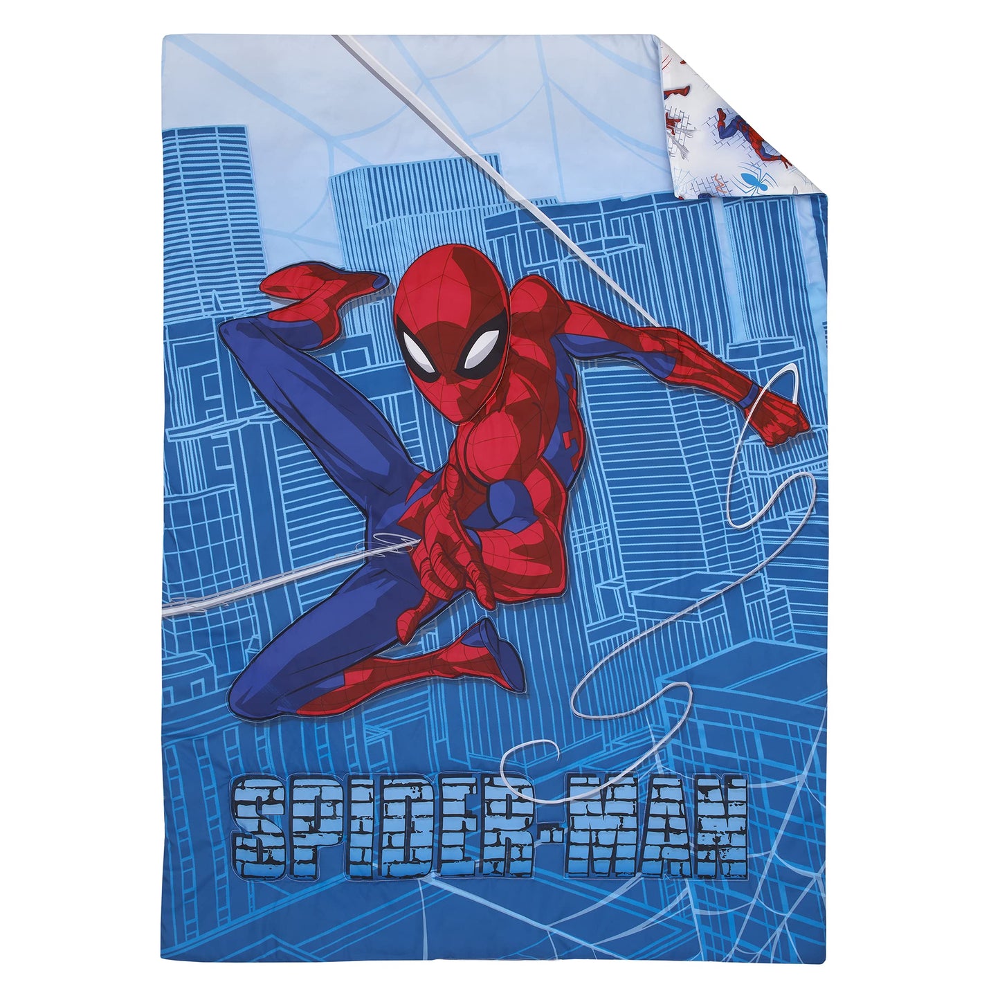 Disney Marvel Spiderman Wall Crawler Red, White, and Blue Spider Webs 4 Piece Toddler Bed Set - Comforter, Fitted Bottom Sheet, Flat Top Sheet, and Reversible Pillowcase