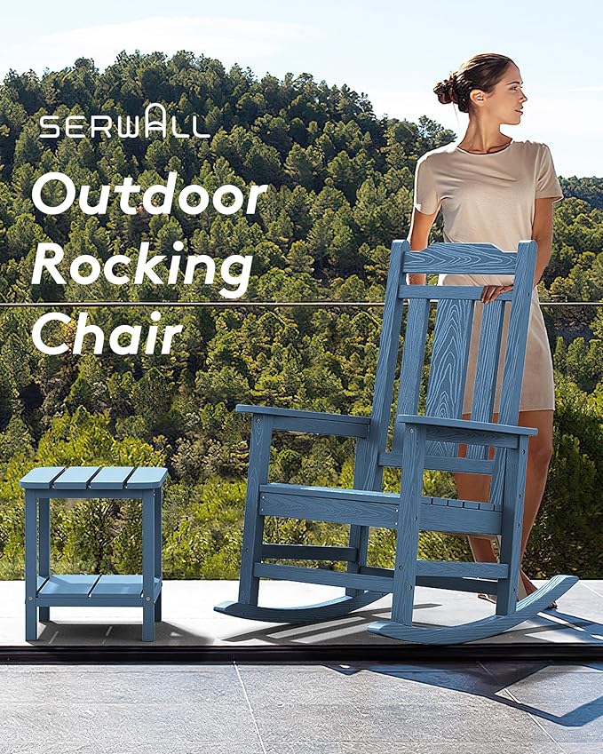 SERWALL Oversized Rocking Chair Outdoor, HDPE Outdoor Rocking Chair, Blue