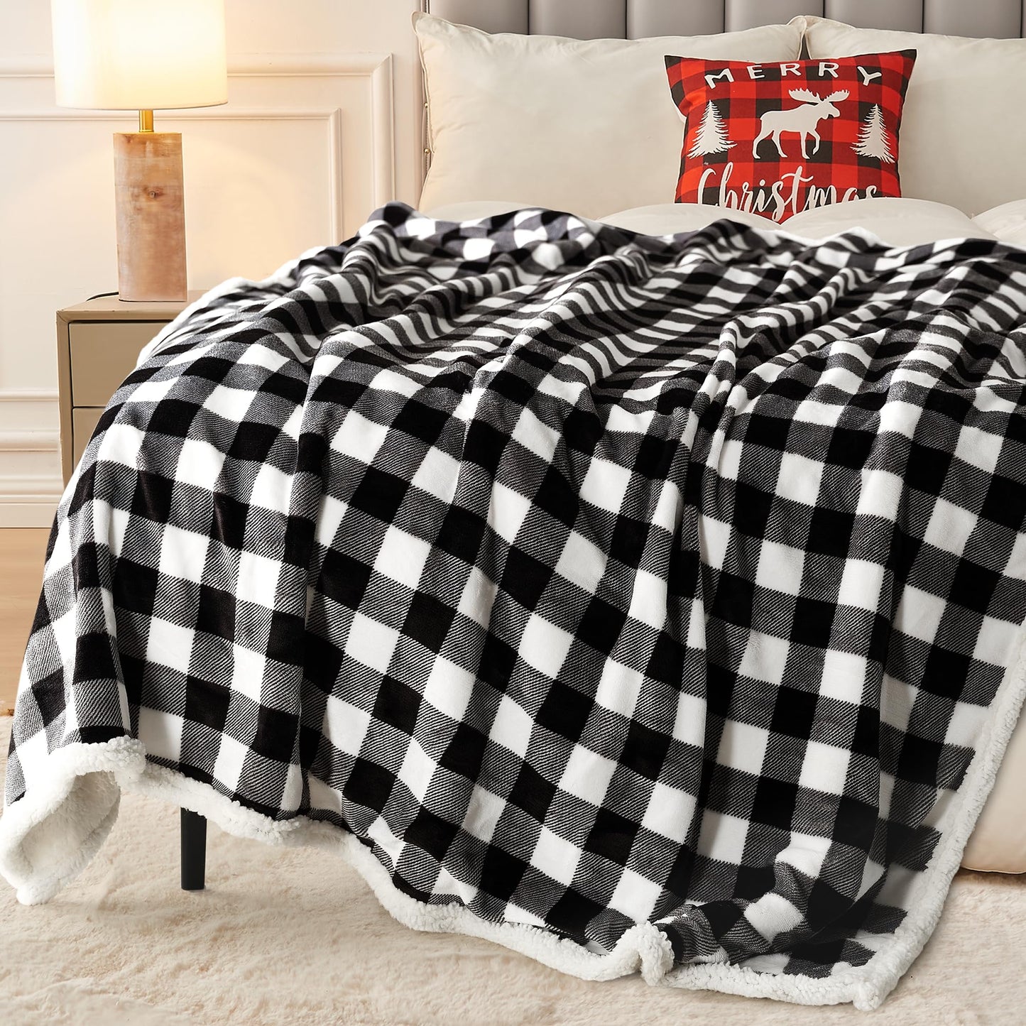 BEAUTEX Sherpa Fleece Flannel Throw Blanket, Super Soft Warm Buffalo Plaid Plush Blankets and Throws, Lightweight Cozy Fuzzy Blanket for Couch Sofa Bed (Black, Throw 50" x 60")