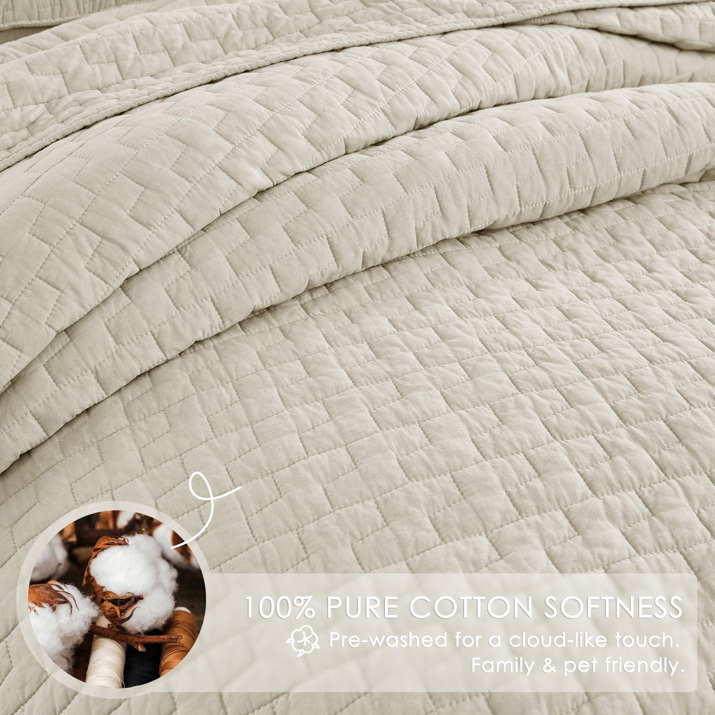 palassio Beige 100% Cotton Quilt King Size Bedding Sets with 2 Pillow Shams, Textured Lightweight Soft Bedspread Shabby Chic Coverlet, Neutral Quilted Comforter Bed Cover for All Season, 3 Pieces
