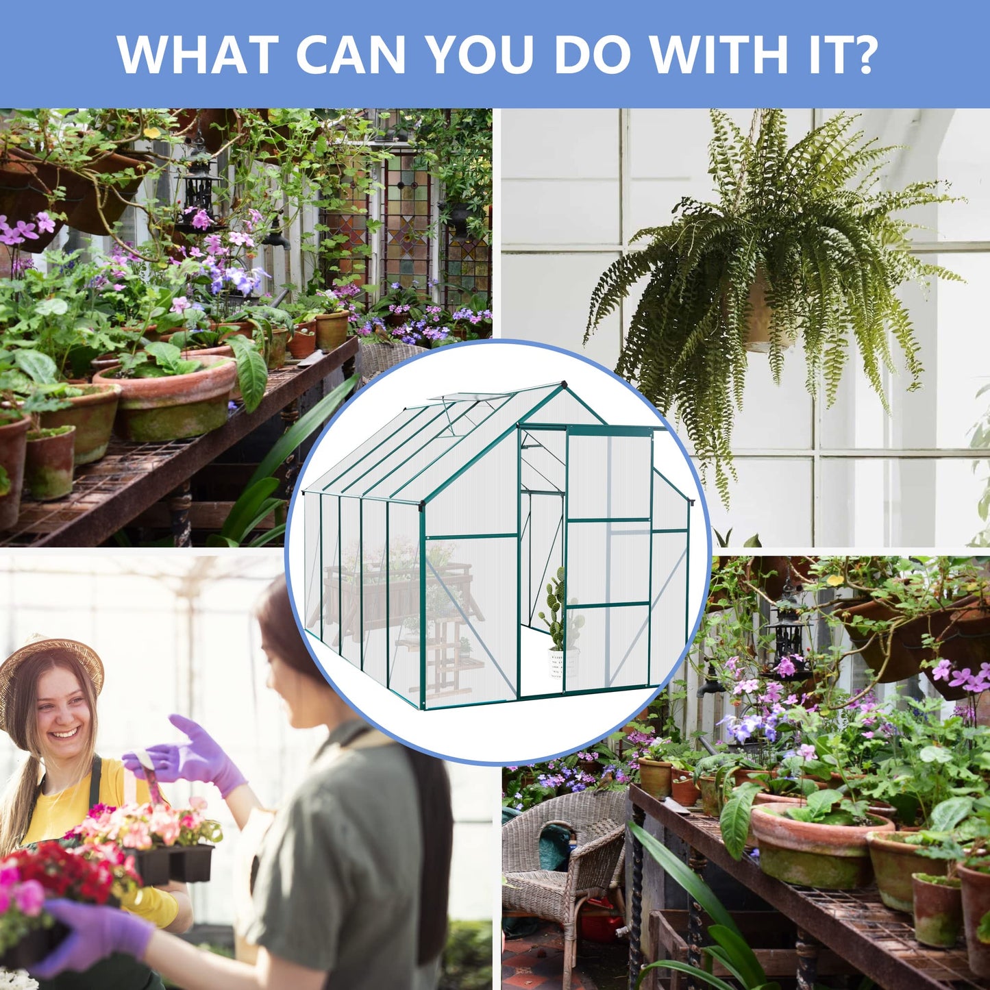 KEIKI 6x10 FT Polycarbonate Greenhouse with Aluminum Frame,Raised Base and Roof Vent,Walk-in Greenhouses for Patio Garden Backyard