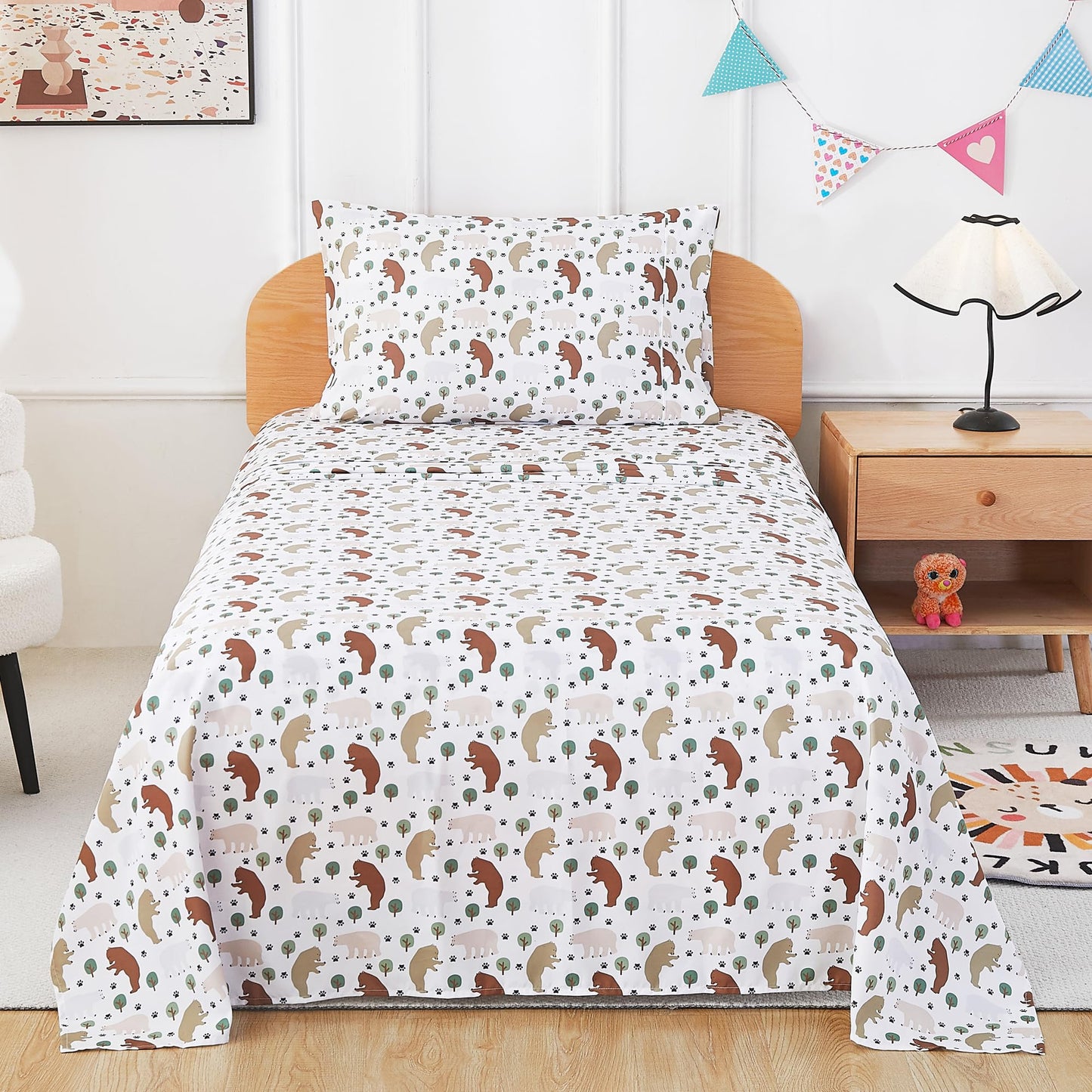 lasoftan Kids Sheet Set Twin Size, Twin Sheet Set with Forest Bear Pattern，Breathable Silky Soft Microfiber Kids Fitted Sheet