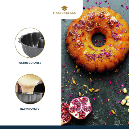 MasterClass FBA_KCMCHB18 27 cm Fluted Ring Cake Tin with PFOA Non Stick Coating, Robust 1 mm Thick Carbon Steel, 10.5 Inch Savarin Mould, Grey