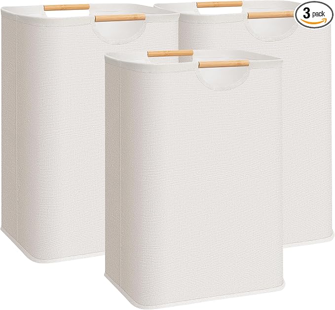 STORAGE MANIAC 3-Pack Large Laundry Hamper, 80L (21.1 Gal) Collapsible Laundry Basket with Bamboo Handles, Freestanding Waterproof Clothes Hamper for Laundry Room, Bedroom, Dorm, Towels, Beige