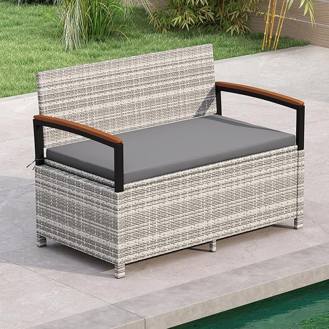 RELAX4LIFE Wicker Outdoor Storage Bench, Rattan Deck Box w/Protective Liner for Patio Furniture Pillows & Garden Tools, Porch Loveseat with Seat Cushion, Acacia Wood Armrests (Grey)