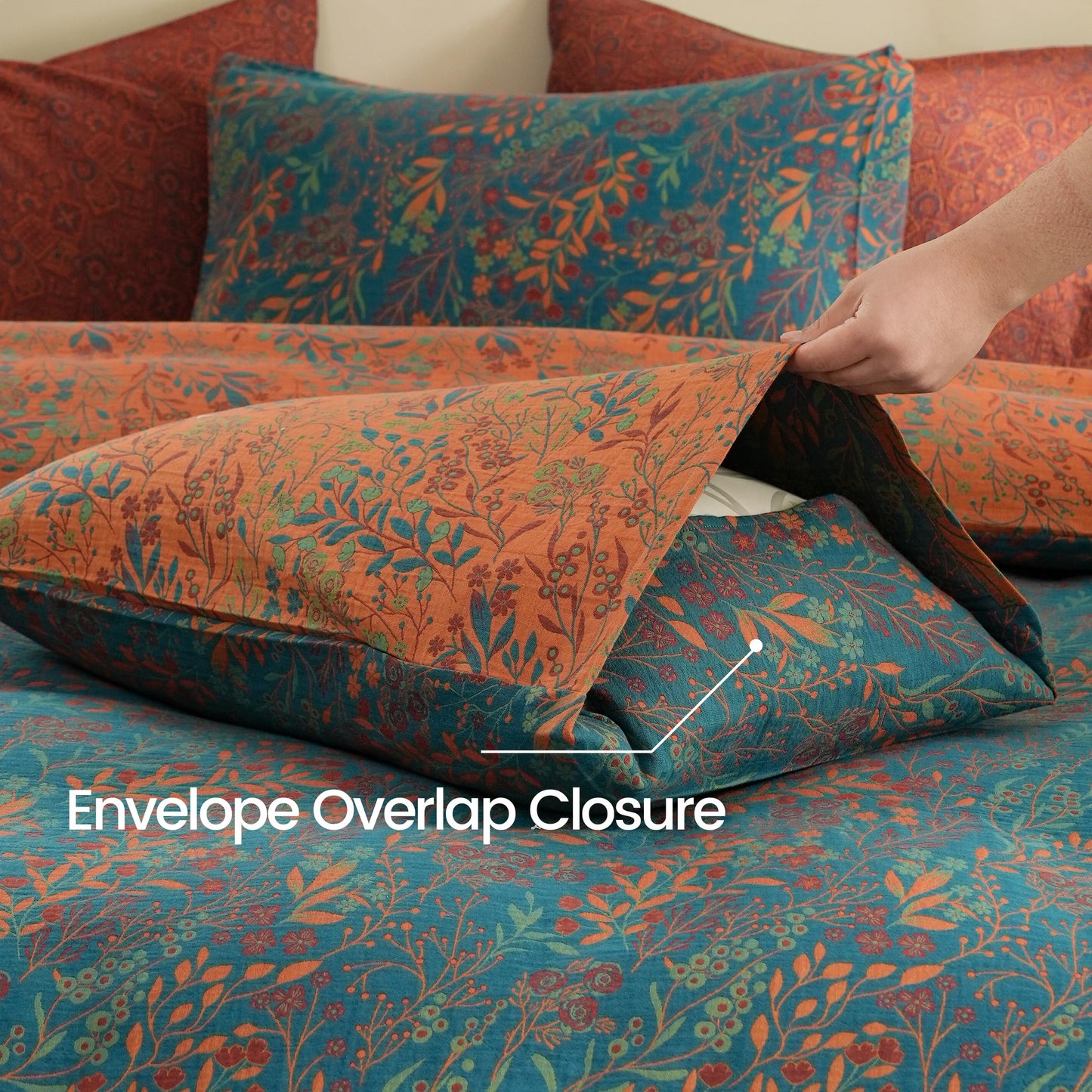 BISELINA 100% Cotton Muslin Duvet Cover Set Queen, 3 Pcs Yarn-Dyed Jacquard Textured Reversible Floral Design, Soft and Breathable Bedding Set with Zipper Closure, Blue Orange