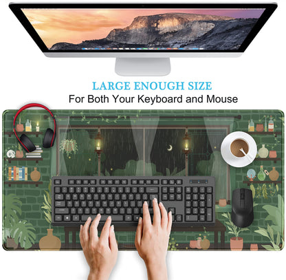 Cute Rainy Night Desk Mat Green Plants Desk Pad, Anime Black Cat Kawaii Large Gaming Mouse Pad, Moonlight Fireflies Deskmat Aesthetic Mousepad XXL, Laptop Keyboard Pad for Women Desk 31.5"x15.75"