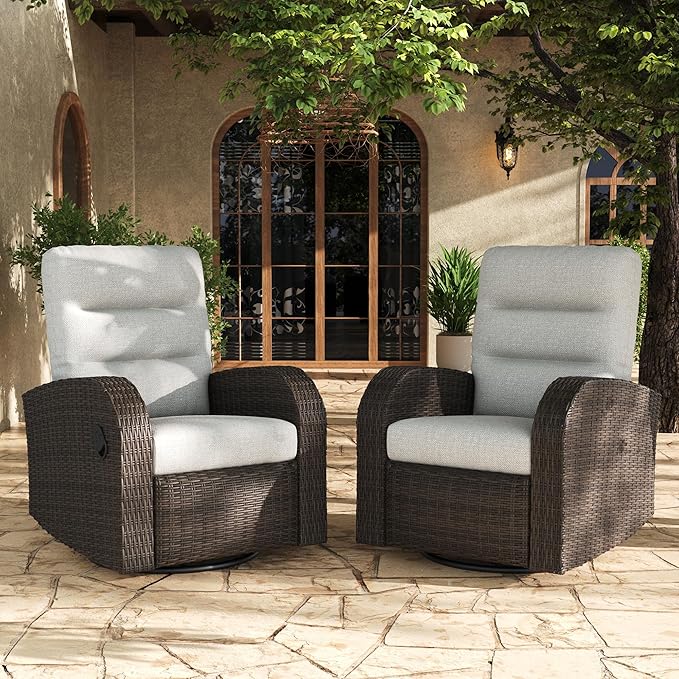 LayinSun Oversized Wicker Outdoor Swivel Glider Recliner with Adjustable Backrest & Footrest, Patio Reclining Lounge Chair - Set of 2