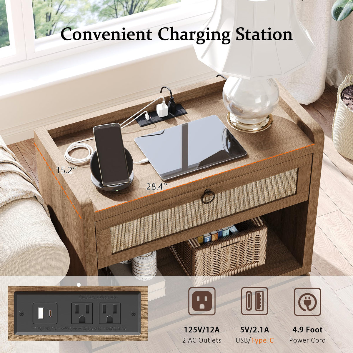31" Wide Rattan Nightstand with Charging Station, End Side Table