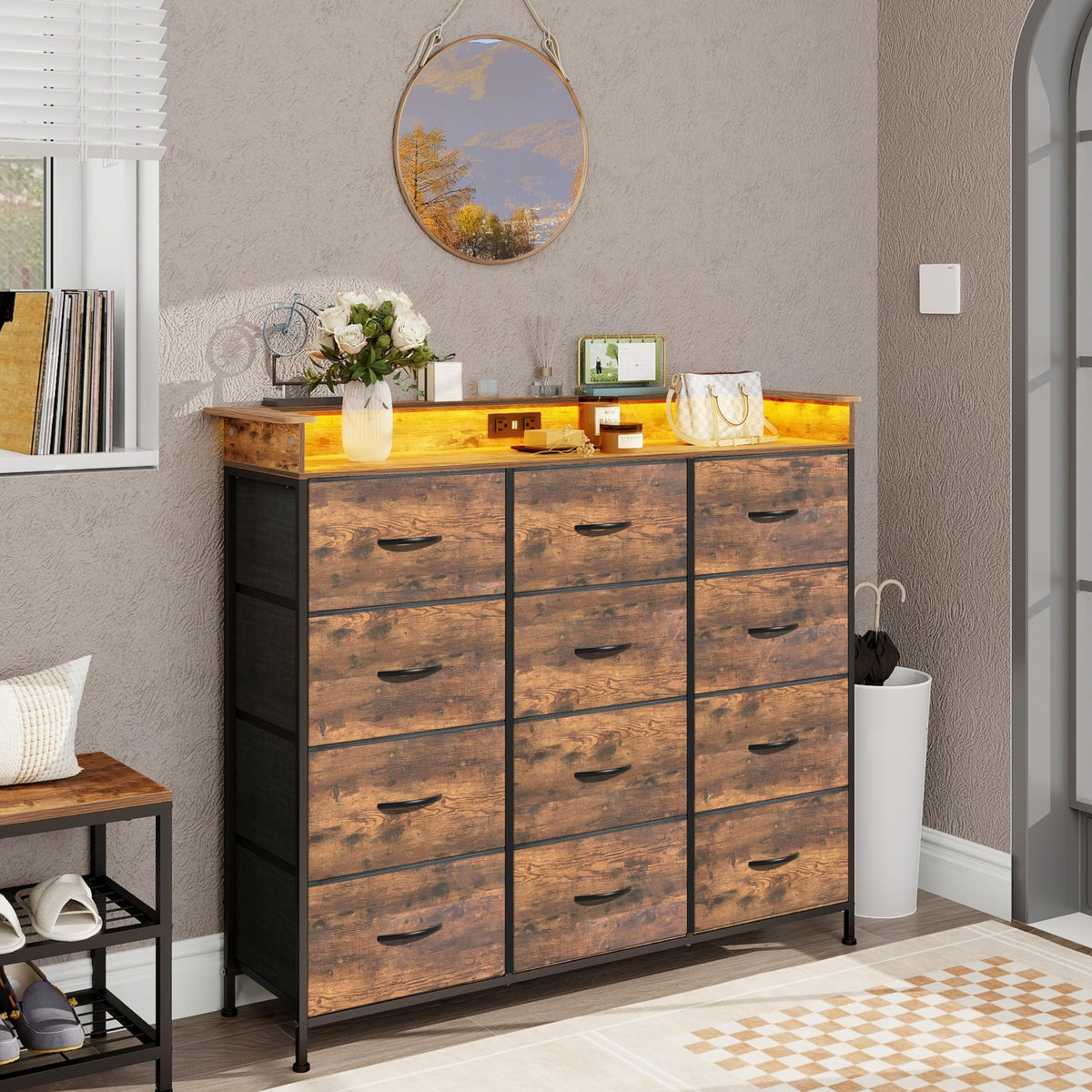Welfuturer Dresser for Bedroom with 12 Drawers Clothes Dresser with Charging Station and LED Light Fabric Storage Tower for Living Room Hallway Closet Sturdy Steel Frame Wooden Top Rustic Brown