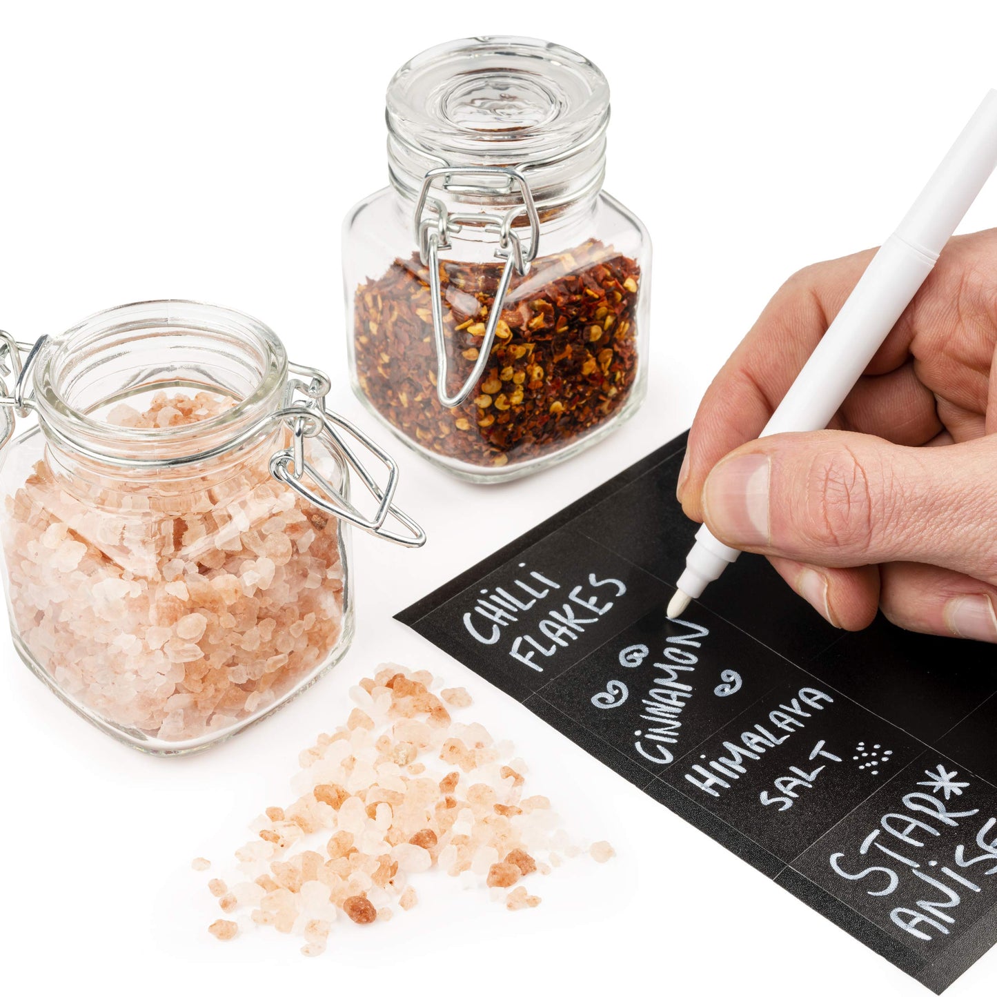 Oak & Steel - 24 Mini Clip Top Glass Spice Storage Jars - 100 ml Glass Canister Containers with Lids, 48 Labels and 2 Chalk Pen (8 x 5cm) - Perfect for Spice Storage, Jam, Honey, Gifting (24)…