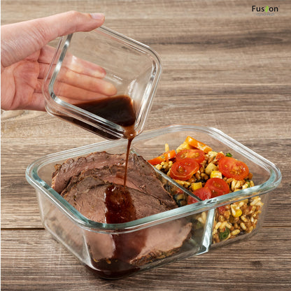Fusion Gourmet Glass Meal Prep Containers with Lids [8 Pack, 33 oz & 4.5 oz] - 2 Compartment Divided Glass Bento Boxes for Adults, Oven Safe & Airtight