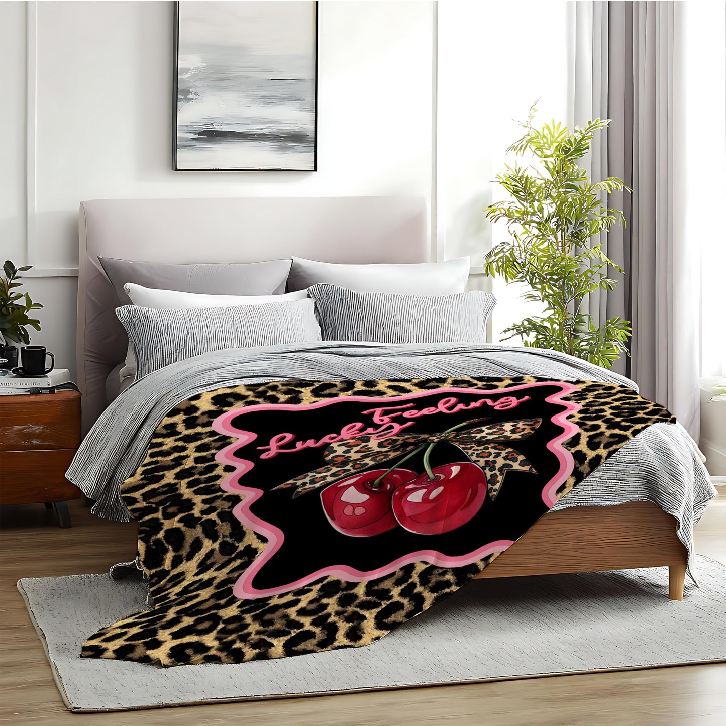 BUJSP Trendy Leopard Cherry Print Blanket, Leopard Print Room Decor, Funky Cherry Cheetah Feeling Lucky Throw Blanket for Home Bedroom Room Couch Bed Decor, 50x60 Inches