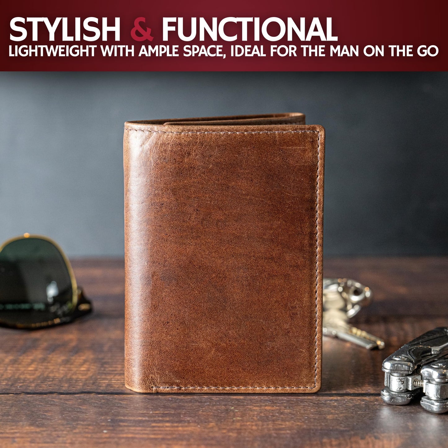 BULL GUARD RFID Genuine Leather Trifold Wallets for Men ID Window, Secret Pocket, RFID Wallet