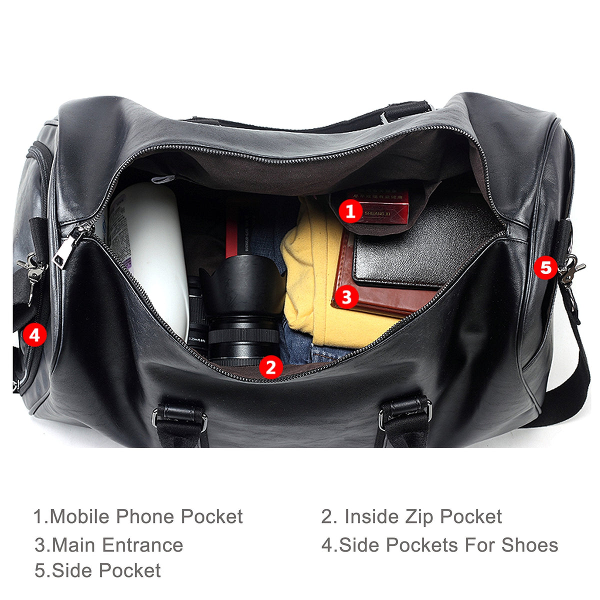 Leather Travel Bag with Shoe Pouch, Waterproof Weekender Overnight Bag, Carry On Duffel Bag for Men Women-Black