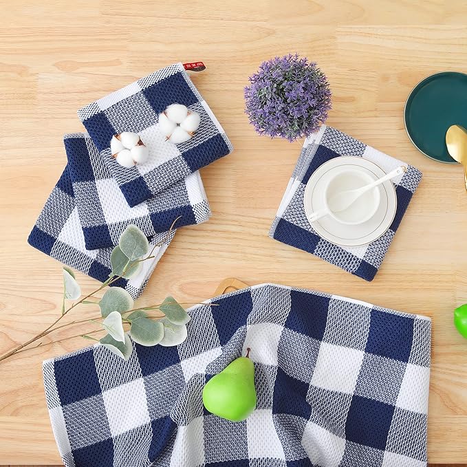 Homaxy 100% Cotton Waffle Weave Check Plaid Dish Cloths, 12 x 12 Inches