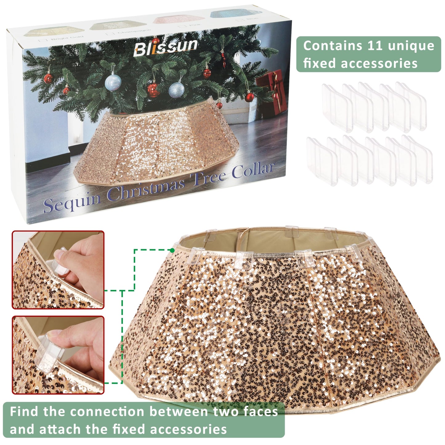 Blissun Christmas Tree Collar, Sequin Christmas Tree Skirt, Foldable Tree Ring, Xmas Tree Stand Base Cover for Christmas Tree Decoration, Champagne