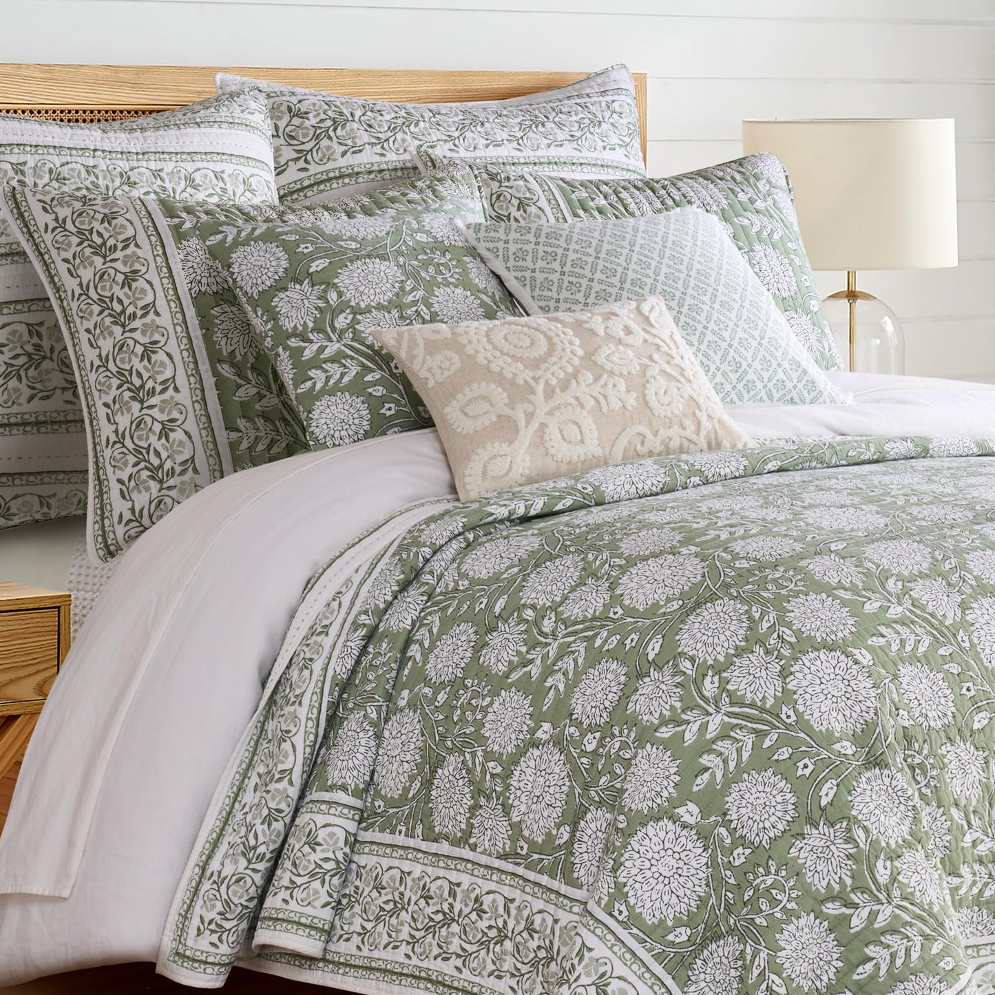 Levtex Home Adare Sage Reversible Full/Queen Quilt Set (88x92in) with 2 Pillow Shams (26x20in) - Floral Bedding - Sage White - Cotton Full/Queen Size Quilt Bedding Set - Lightweight, Soft, Pre-Washed