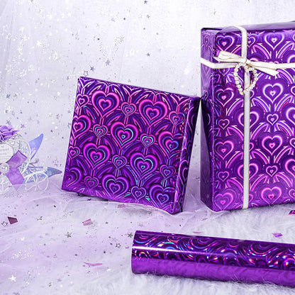 LeZakaa Purple Holographic Wrapping Paper, Metallic Foil Purple Heart for Helloween, Mothers Day, Graduation, Birthday, Valentines, Wedding, Baby Shower, Christmas, Mini Roll, 17 IN x 32.8 FT