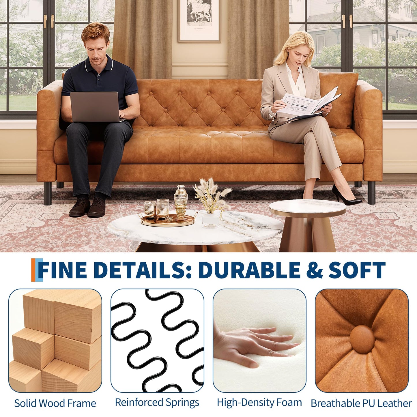 Garvee 81 Inch Leather Couch for Living Room, Modern Leather Sofa with Deep Seat, Handmade Button Tufted Sofa, Chesterfield 3 Seat Couch for Apartment, Office, Cognac Tan