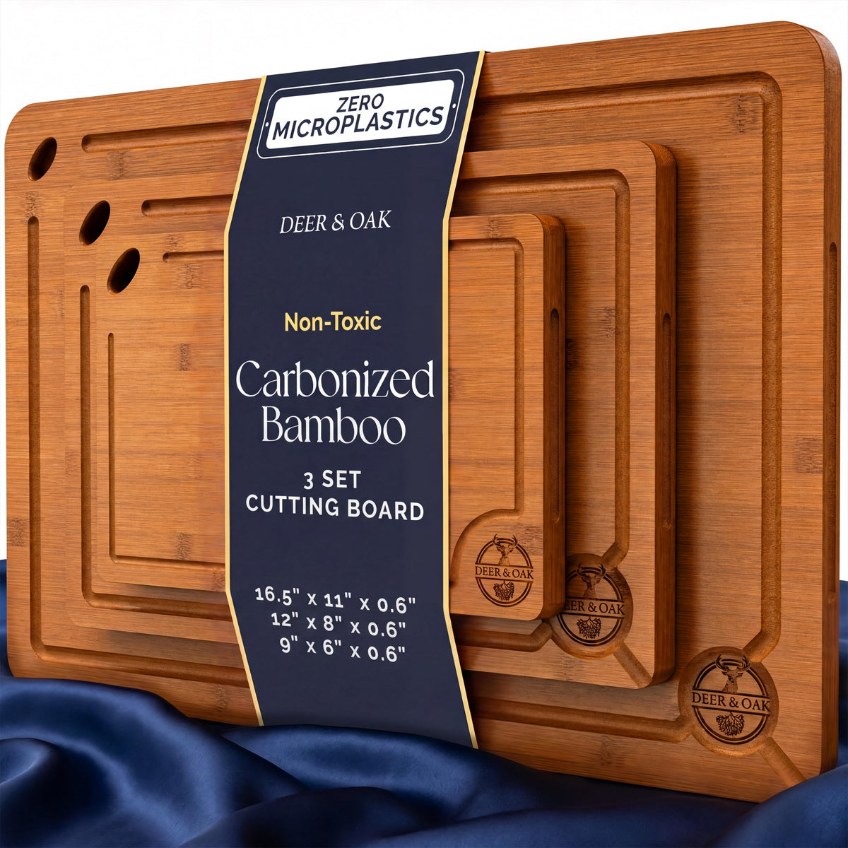 Pre-Oiled, Non Toxic 3-Piece Carbonized Bamboo Cutting Board Set, Eco-Friendly Wooden Chopping Boards for Kitchen with Hanging Hole, 500°F Carbonized Technology Charcuterie Serving Boards Deer & Oak