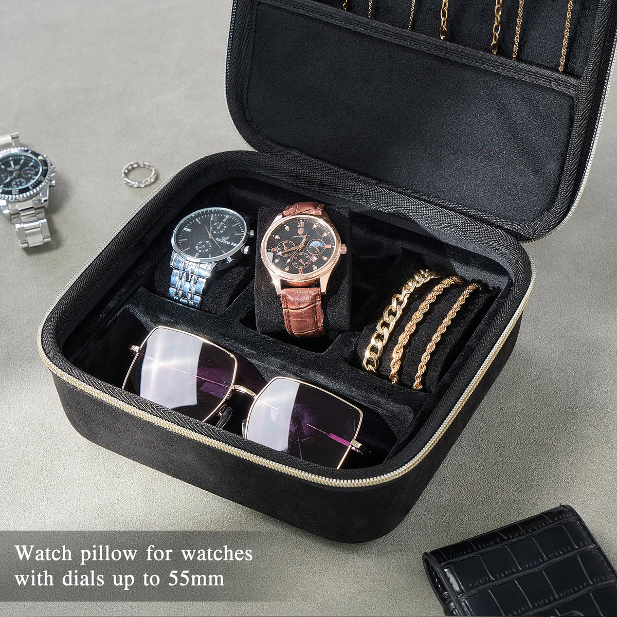 ProCase Mens Small Jewelry Storage Case, 3 Slots Travel Watch Accessories Carrying Box, Glasses Necklaces Rings Bracelets Zippered Organizer Bag for Male -Black