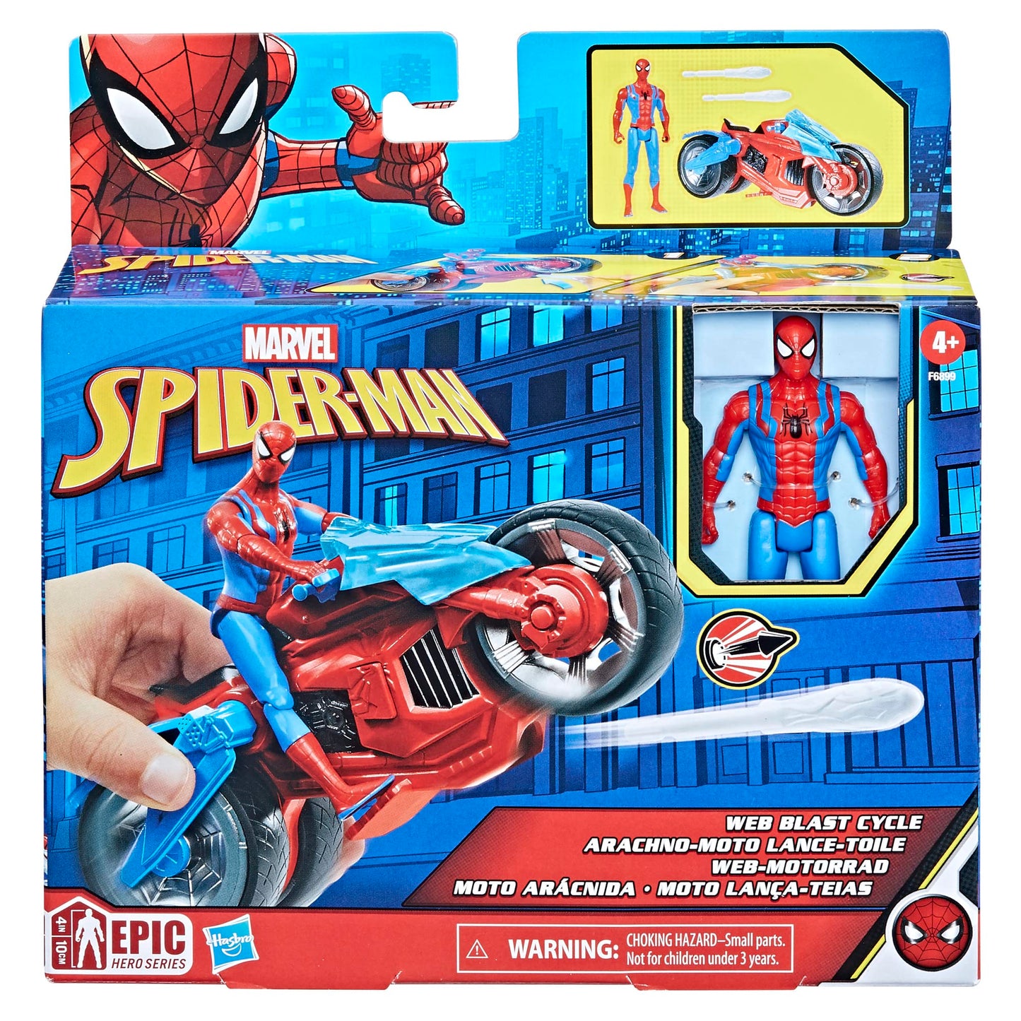 Marvel Spider-Man Web Blast Cycle, 4-Inch Action Figure with Vehicle and 2 Web Projectiles, Kids Playset for Ages 4 and Up