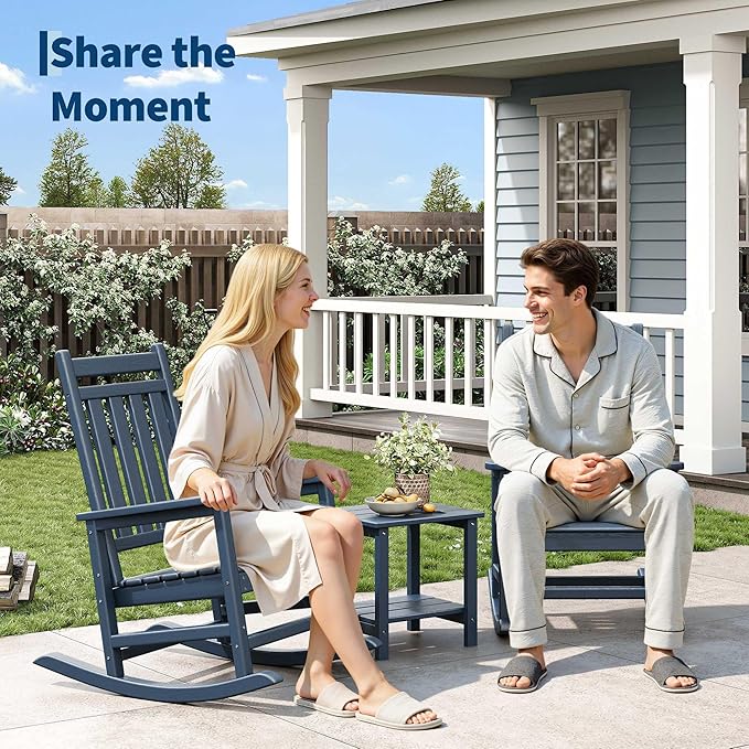 HDPE Rocking Chair Outdoor Set of 2 - Poly High Back Porch Rocker Chairs for Adults - All Weather Resistant Furniture for Patio Front Porch - Navy Blue