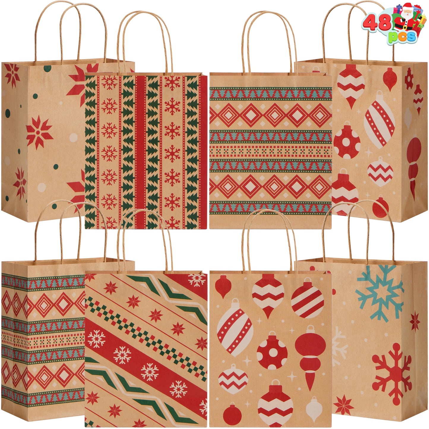 JOYIN 48 PCS Christmas Kraft Gift Bags 7" x 9" x 3.5" for Gifts Party Supplies Decor, Xmas Goody Treat Candy Bags for Holiday Wedding Gift Decor Classrooms and Party Favors Presents Wrapping