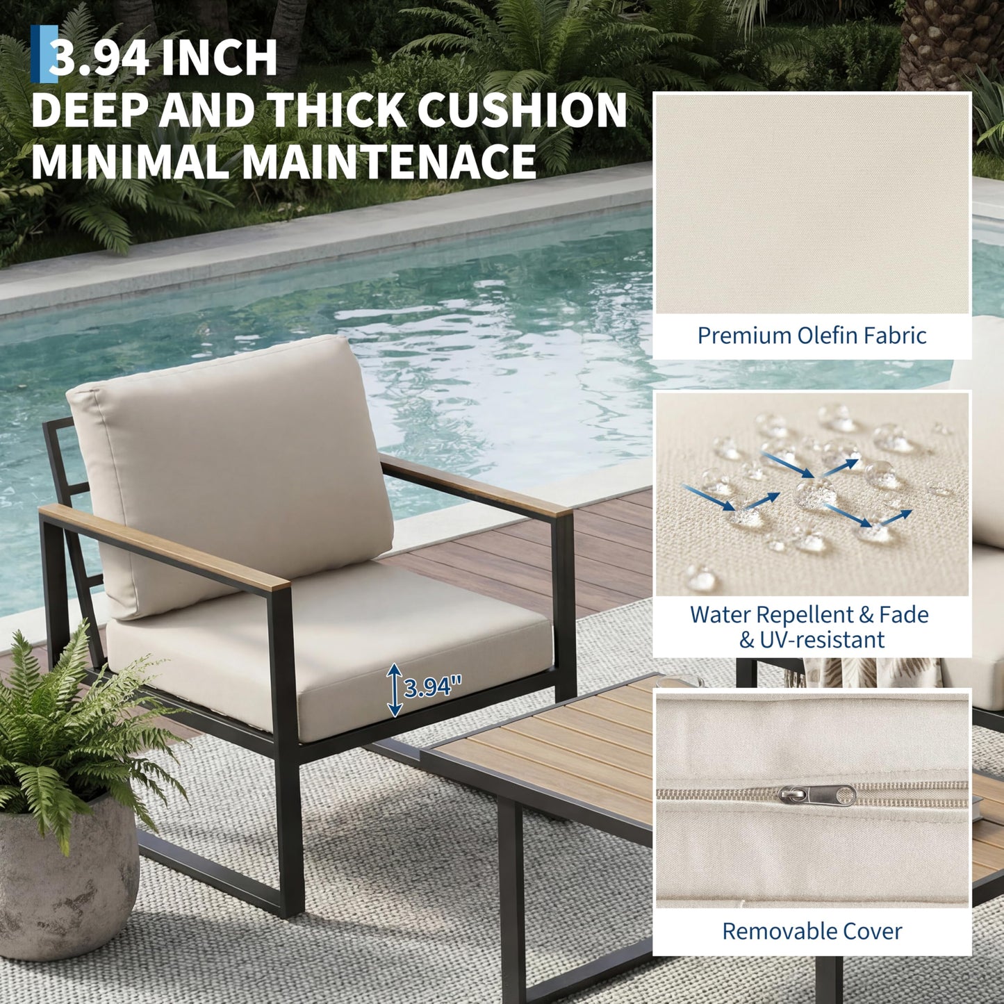 GarveeTech 4-Piece Aluminum Outdoor Sectional Sofa Set with Coffee Table, Patio Furniture Conversation Set for Porch, Poolside & Deck, Washable Thick Cushions (Beige)
