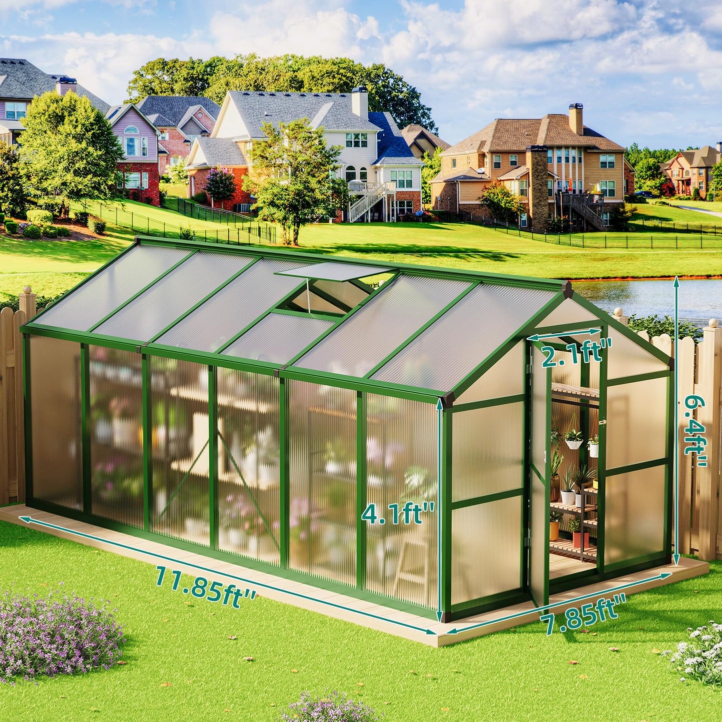 8 x 12 FT Greenhouse, Heavy-Duty Polycarbonate Large Walk-in Greenhouse Roof Vent ,Aluminum Frame & Lockable Door, for Backyard, Green Houses for Outside Garden Backyard