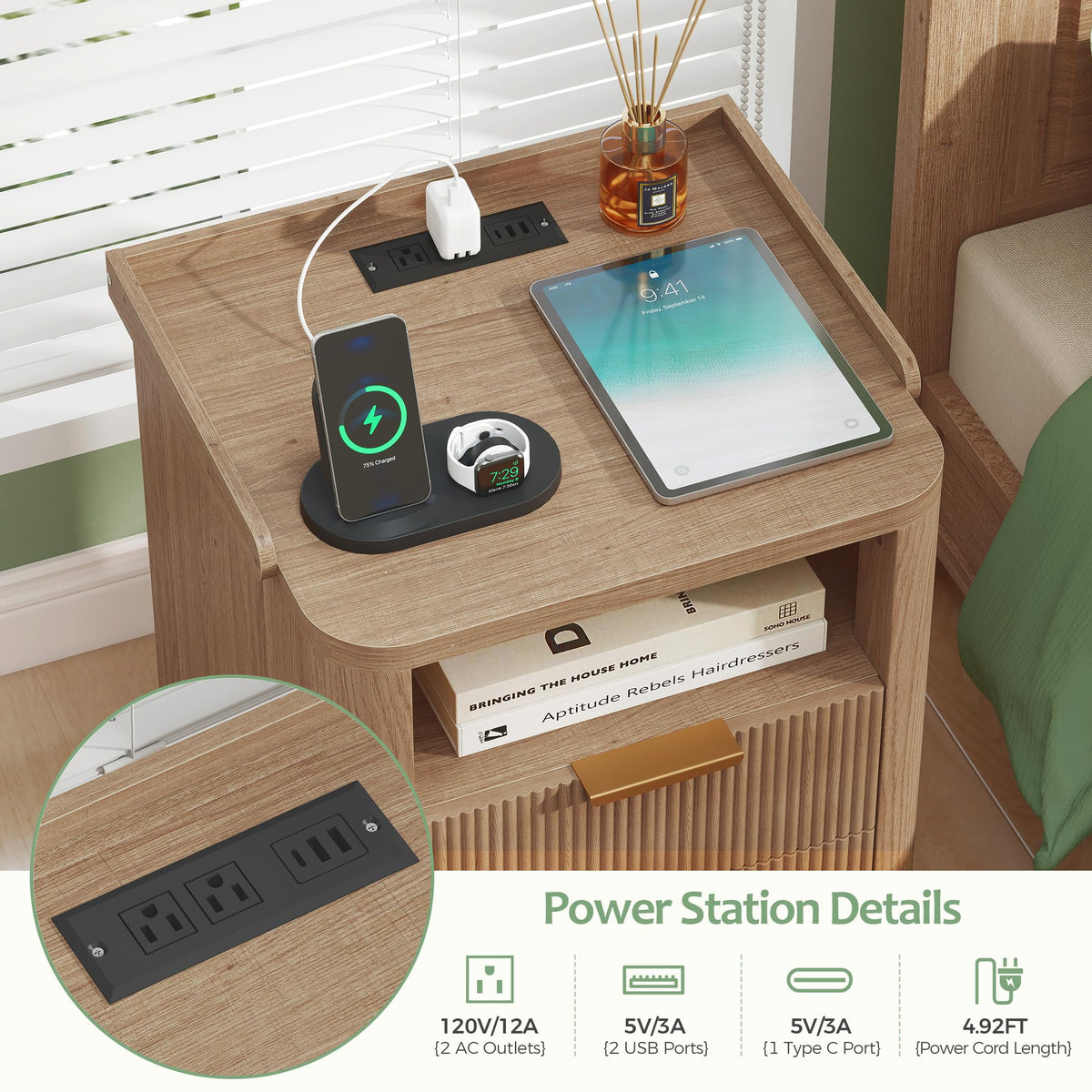 Turosur Night Stand with Charging Station, Fluted NightStand with LED Light and 2 Drawers, Wood Bedside Table with Open Storage, Modern