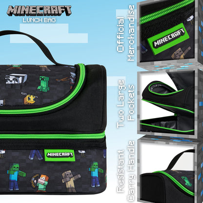 Minecraft Lunch Bag for Kids Insulated Lunch Box Creeper Snacks Food Carrier Options with Water Bottle for School Travel Picnic Cooler Bag (Black)