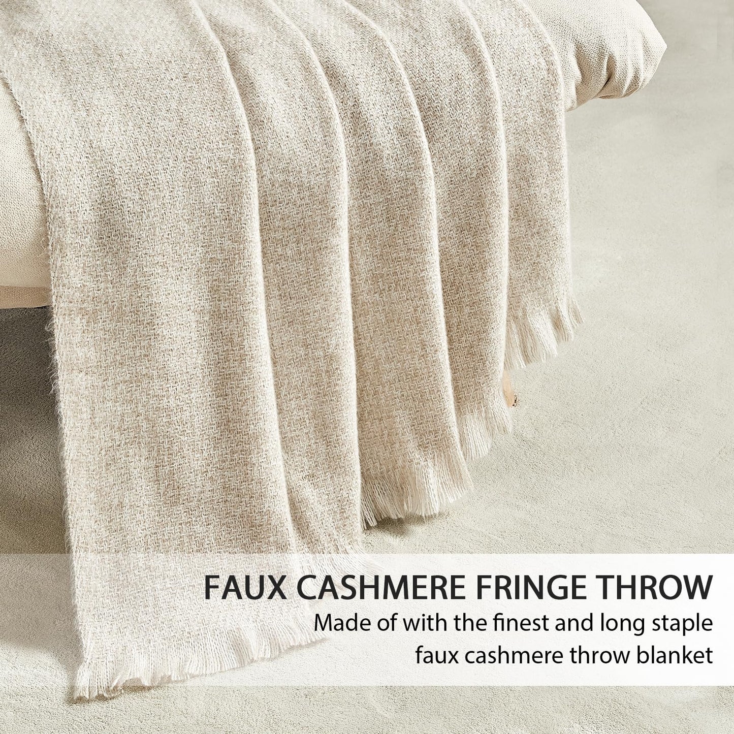 BOURINA Faux Cashmere Fringe Throw Blanket Decorative Lightweight Throw Soft Cozy for Bed or Sofa Outdoor Blanket, 50x70 Inches Beige