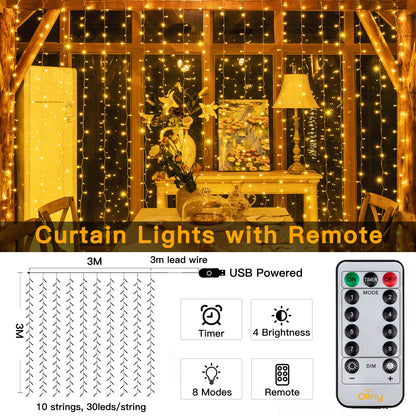 Ollny Curtain Lights Indoor, 300 LED 3m x 3m Fairy Lights USB Powered, Waterproof Warm White String Light with 8 Modes/Timer/Remote, Bedroom/Wall/House/Garden Decorations