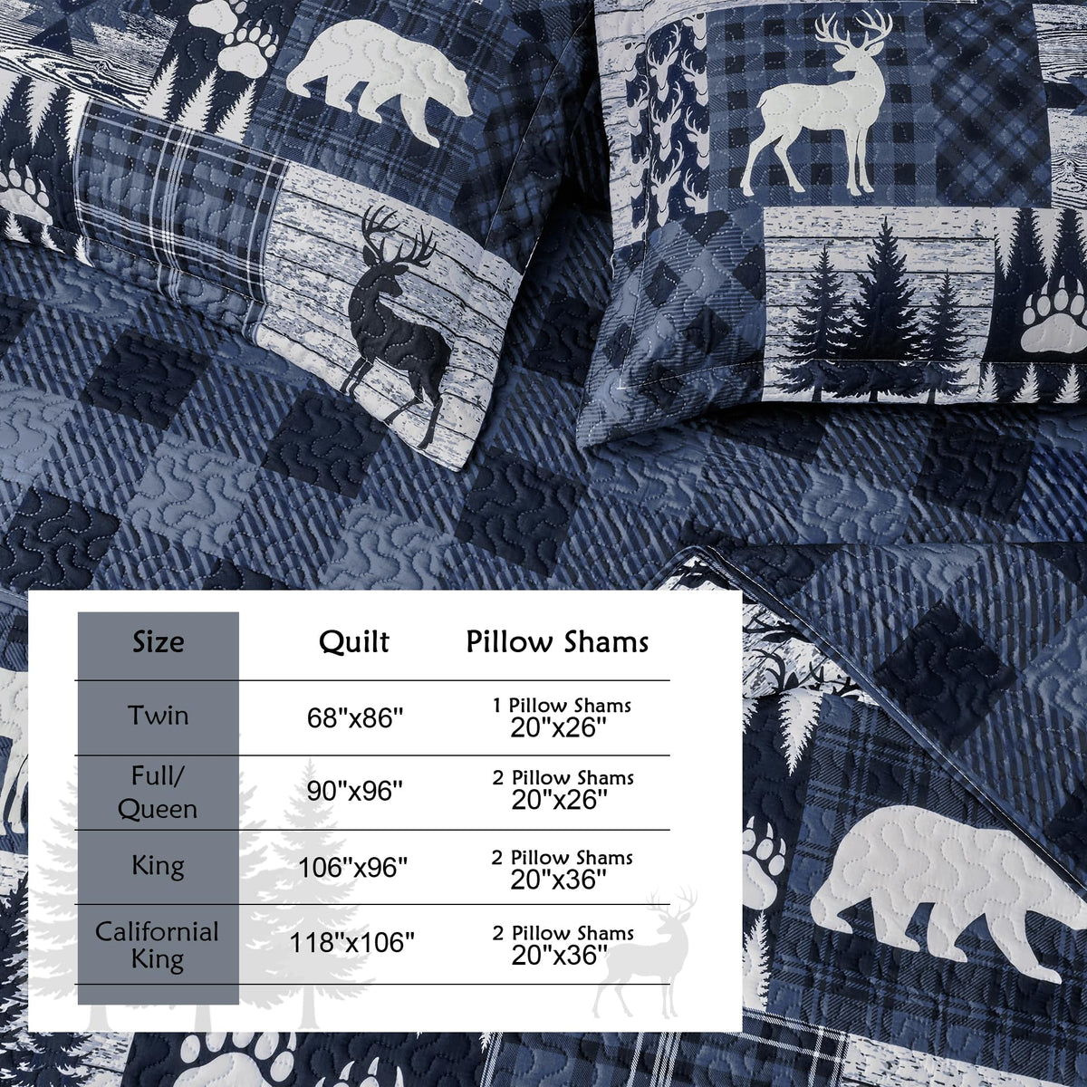 3 Piece Cabin Full/Queen Quilt Sets Farmhouse Rustic Reversible Microfiber Soft Lightweight Bedspread Comforter with 2 Shams Patchwork Country Lodge Bedding Quilts Set for All Season, 90''x96'', Blue