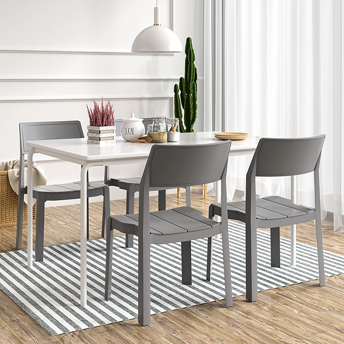 VECELO 4 Pack Stackable Dining Chairs, Plastic Patio Chairs for Indoor Outdoor Use in Kitchen, Poolside, No Assembly, Gray