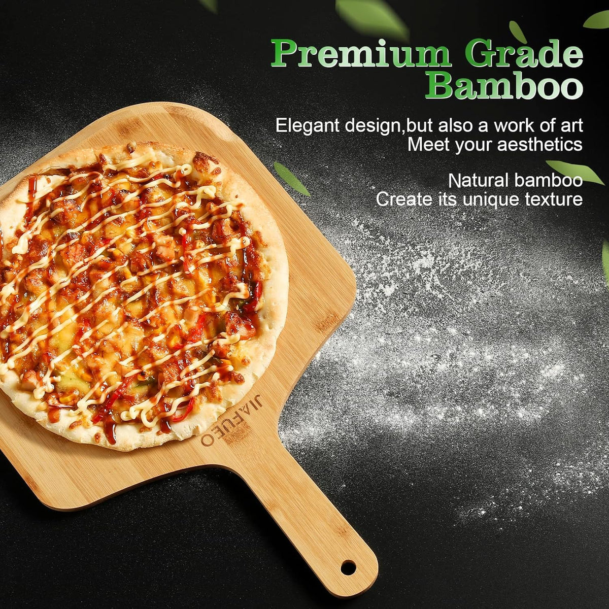 JIAFUEO Pizza Peel 12 inch, Bamboo Pizza Paddle Spatula - Wooden Serving Board, Oven Accessory for Baking Homemade, Wood Cutting Board for Cheese Bread Fruit Vegetables