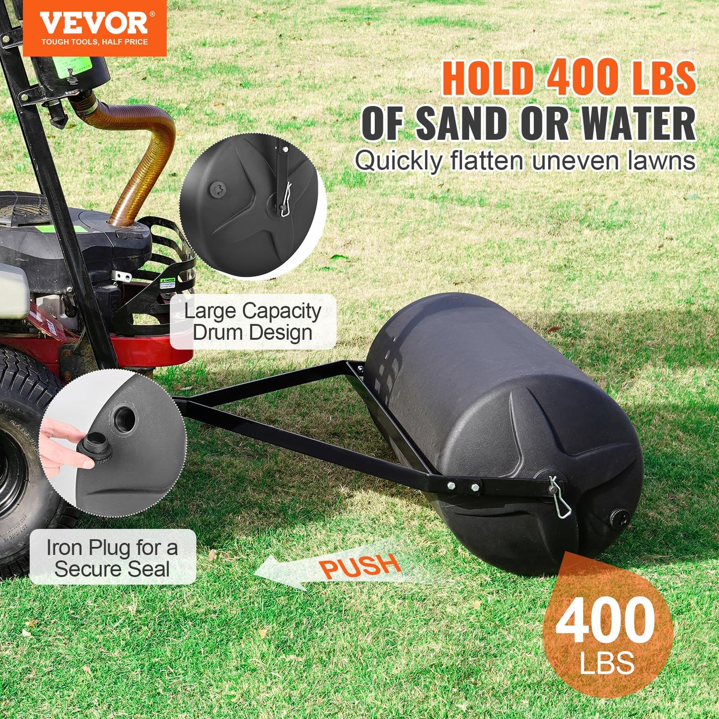 VEVOR Tow Behind Lawn Roller, 400lbs Sand/Water Filled Yard Roller, LLDPE Drum and Steel Frame Sod Roller with Easy-Turn Plug, Tow Behind a Tractor or ATV for Lawn, Garden, Farm, Park, Black