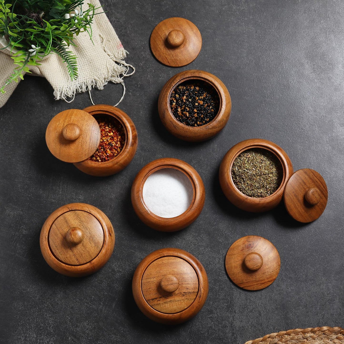 LAVAUX DESIGNS Acacia wood Set of 4 bowls with lid, 3.5X2 inches (3 oz), Rustic looking wood salt containers can also be used as spice box, storage for condiments, sugar, tea, celtic salt or nuts